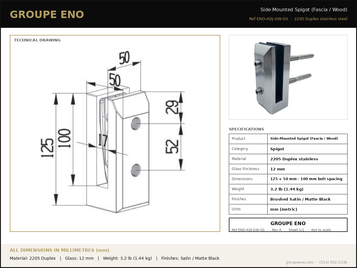 Technical data sheet - Wall Mount Spigot - dimensions in mm - Groupe ENO