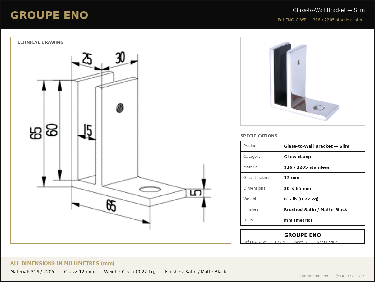 Technical data sheet - Glass-to-Wall Thin - dimensions in mm - Groupe ENO